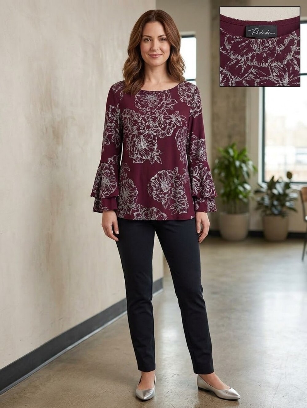 Prelude Women XL Plum Burgundy Silver Metallic Glitter Floral Bell Sleeve Top